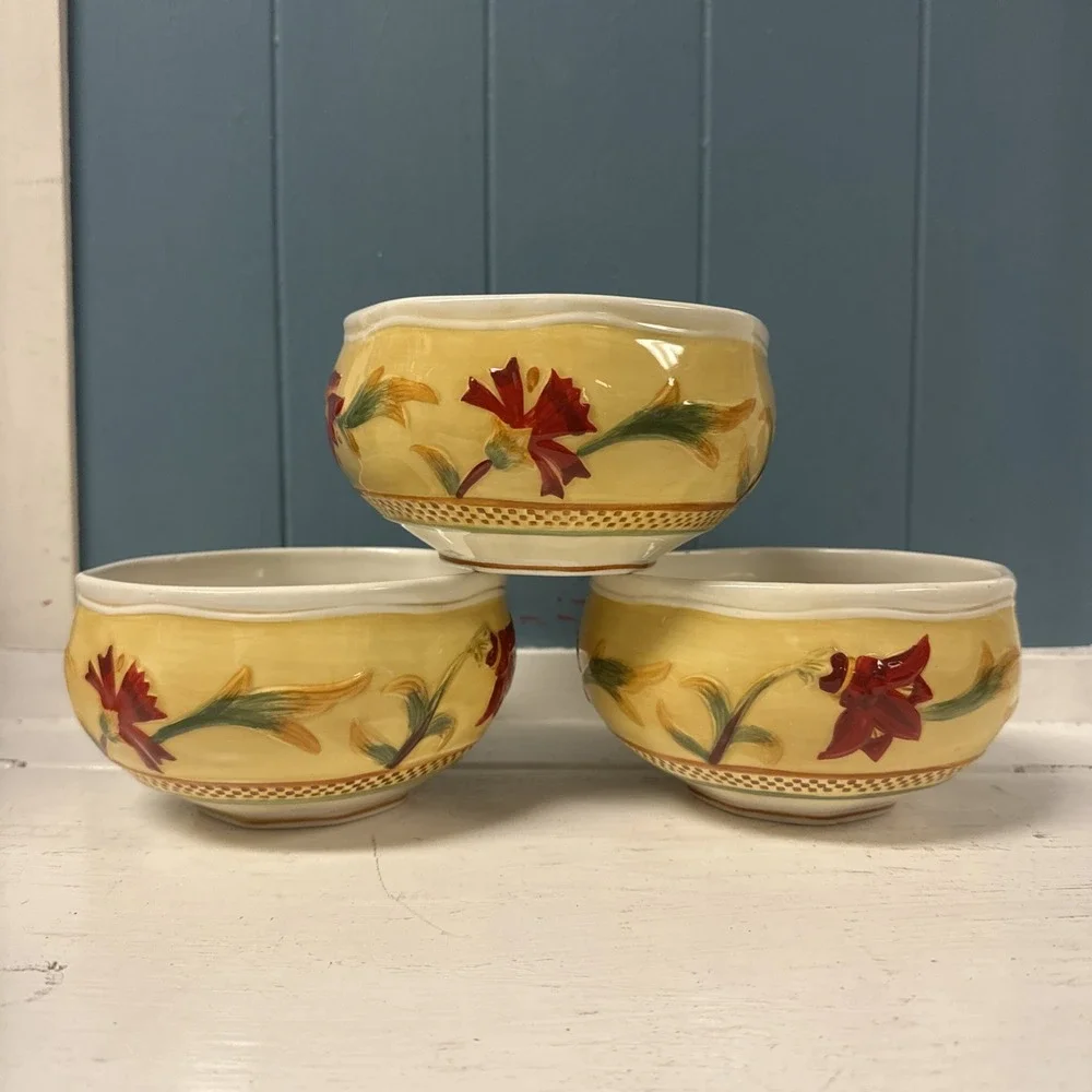 Fitz & Floyd Bellacara Hand-painted Cereal Soup Bowls Set Of‎ 3 Floral RARE